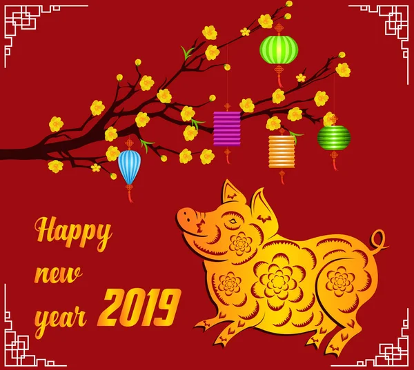 Zadowolony Chińczyk nowy rok 2019 roku świni. Nowy Rok Księżycowy — Wektor stockowy