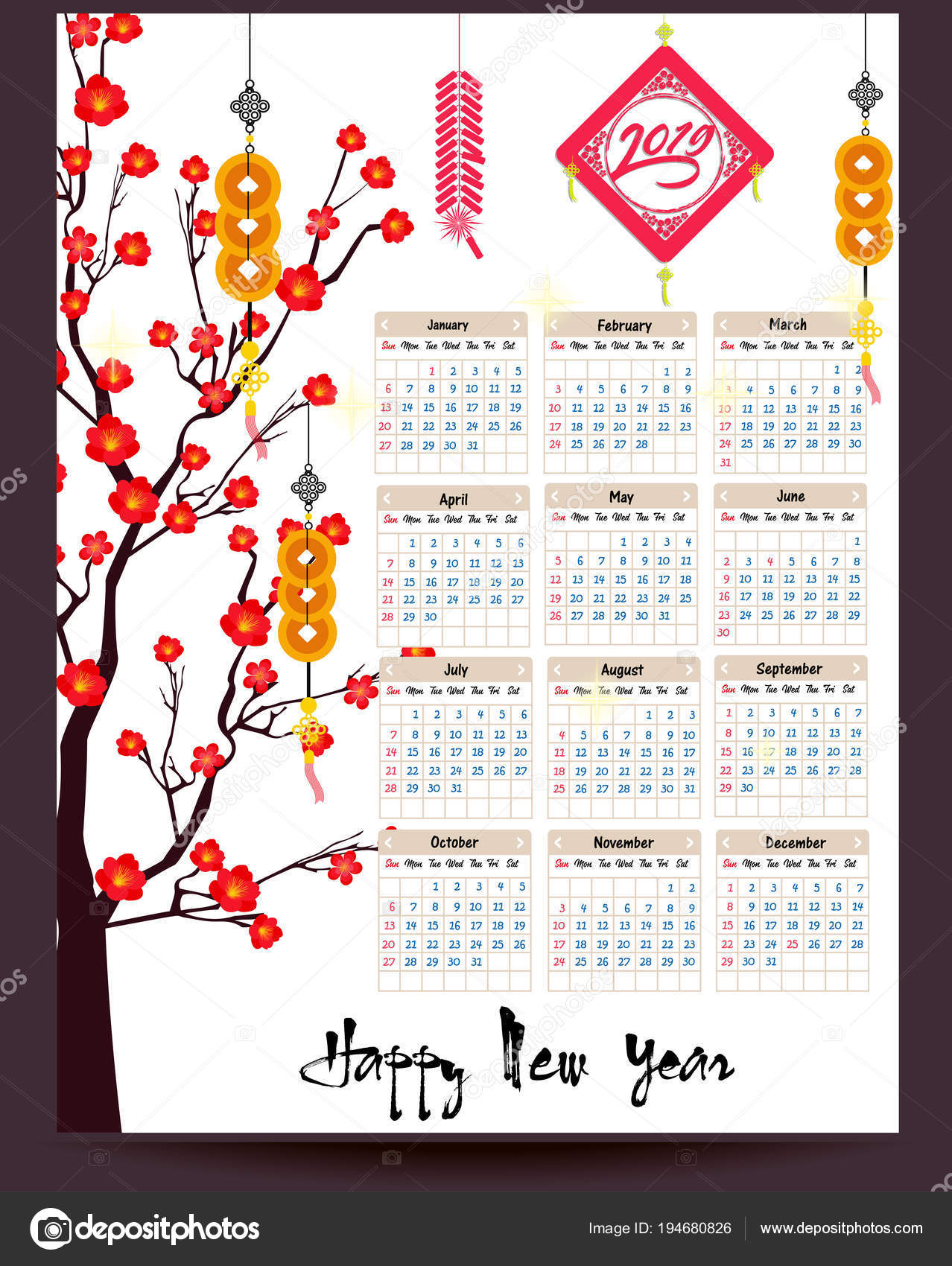 Kalender 2019 Chinese Kalender Voor Happy New Year 2019 ...