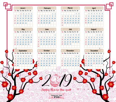 Mutlu yeni yıl domuzun 2019 yıl için takvim 2019 Çince takvim.