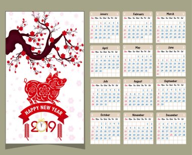Mutlu yeni yıl domuzun 2019 yıl için takvim 2019 Çince takvim.