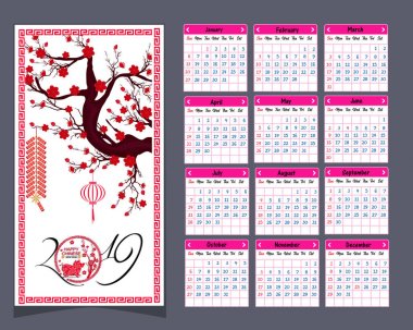 Mutlu yeni yıl domuzun 2019 yıl için takvim 2019 Çince takvim.