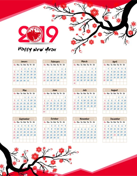 Calendario 2019 Calendario Cinese Felice Anno Nuovo 2019 Anno Del — Vettoriale Stock