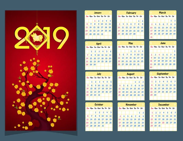 Calendrier 2019 Calendrier Chinois Pour Bonne Année 2019 Année Cochon — Image vectorielle