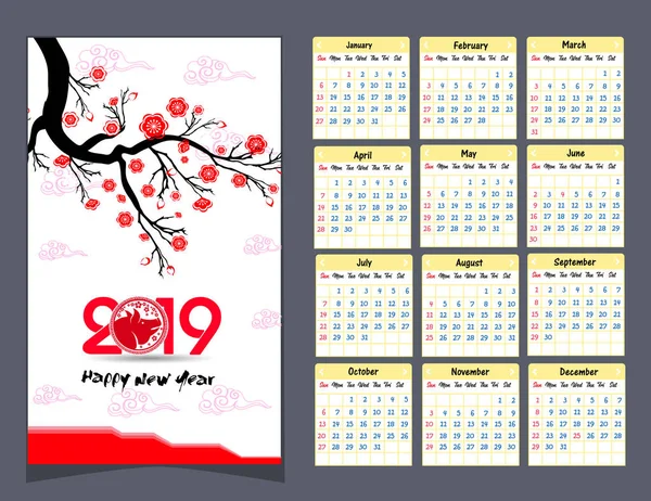Calendario 2019 Calendario Chino Para Feliz Año Nuevo 2019 Año — Archivo Imágenes Vectoriales