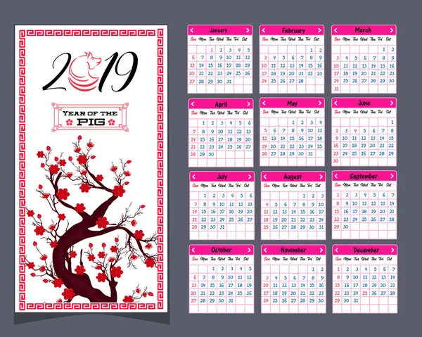 Calendario 2019 Calendario Chino Para Feliz Año Nuevo 2019 Año — Archivo Imágenes Vectoriales