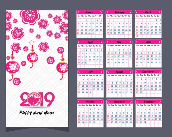 Calendario 2019 Calendario Chino Para Feliz Año Nuevo 2019 Año — Archivo Imágenes Vectoriales