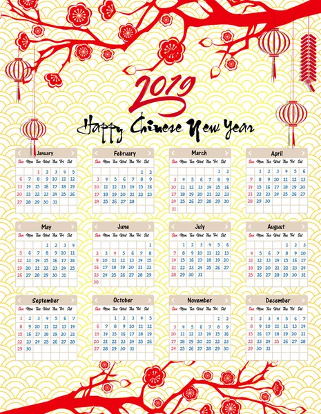 Calendrier 2019 Calendrier Chinois Pour Bonne Année 2019 Année Cochon — Image vectorielle