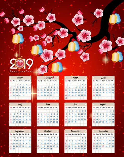 Calendario 2019 Calendario Cinese Felice Anno Nuovo 2019 Anno Del — Vettoriale Stock