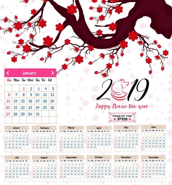 Calendario 2019 Calendario Chino Para Feliz Año Nuevo 2019 Año — Vector de stock