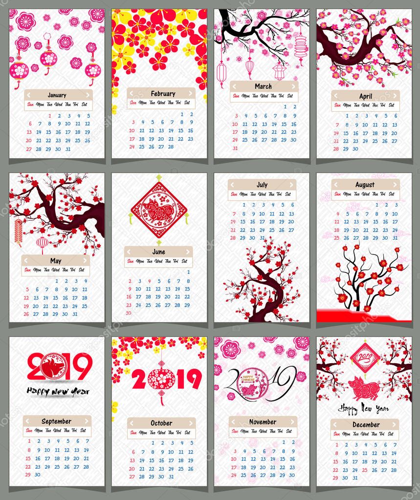 Calendar 2019 Chinese calendar for happy New Year 2019 year of the pig.