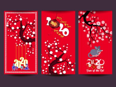 Çin Yeni Yılı için üç bayrak Fare Çiçekleri ve Asya unsurlarının 2020 yılı