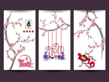 Çin Yeni Yılı için üç bayrak Fare Çiçekleri ve Asya unsurlarının 2020 yılı