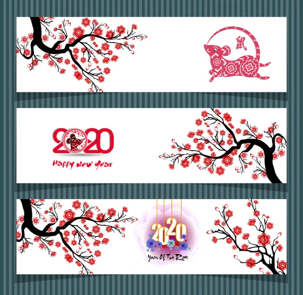 Three Banner Chinese New Year 2020 Year Rat Flowers Asian — Stock Vector