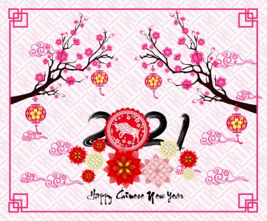 Mutlu Çin yılbaşı 2021 öküz yılı. çiçek ve Asya elementleri arka planda zanaat tarzıyla. 