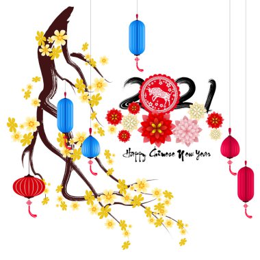 Mutlu Çin yılbaşı 2021 öküz yılı. çiçek ve Asya elementleri arka planda zanaat tarzıyla. 