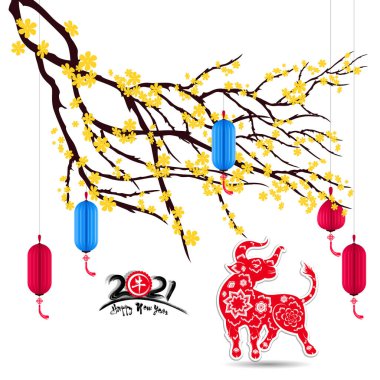 Mutlu Çin yılbaşı 2021 öküz yılı. çiçek ve Asya elementleri arka planda zanaat tarzıyla. 