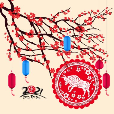 Mutlu Çin yılbaşı 2021 öküz yılı. çiçek ve Asya elementleri arka planda zanaat tarzıyla. 