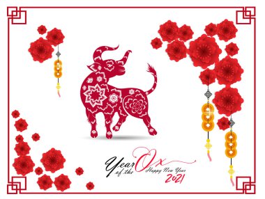 Mutlu Çin yılbaşı 2021 öküz yılı. çiçek ve Asya elementleri arka planda zanaat tarzıyla. 