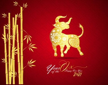 Mutlu Çin yılbaşı 2021 öküz yılı. çiçek ve Asya elementleri arka planda zanaat tarzıyla. 