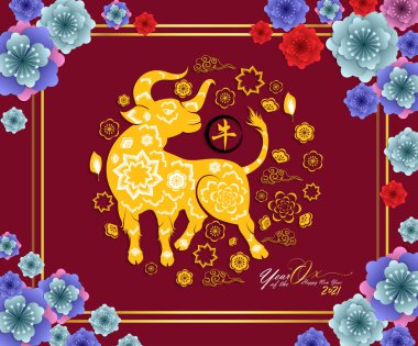 Mutlu Çin yılbaşı 2021 öküz yılı. çiçek ve Asya elementleri arka planda zanaat tarzıyla. 