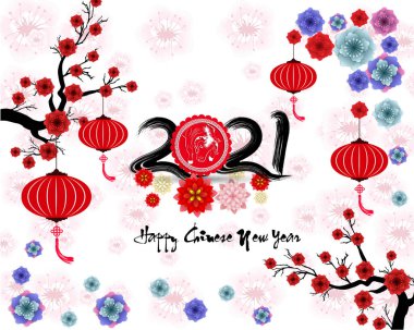 Mutlu Çin yılbaşı 2021 öküz yılı. çiçek ve Asya elementleri arka planda zanaat tarzıyla. 