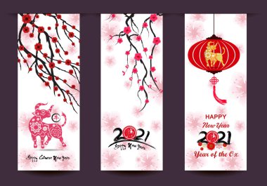 Mutlu Çin Yeni Yılı 2021 Öküz Çiçeği ve arka planda zanaat stili olan Asyalı unsurlar. 