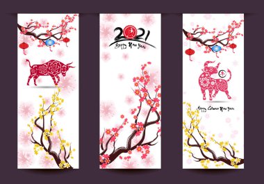 Mutlu Çin Yeni Yılı 2021 Öküz Çiçeği ve arka planda zanaat stili olan Asyalı unsurlar. 