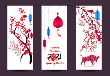 Mutlu Çin Yeni Yılı 2021 Öküz Çiçeği ve arka planda zanaat stili olan Asyalı unsurlar. 