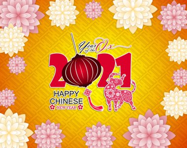 Mutlu Çin Yeni Yılı 2021 Öküz Çiçeği ve arka planda zanaat stili olan Asyalı unsurlar. 