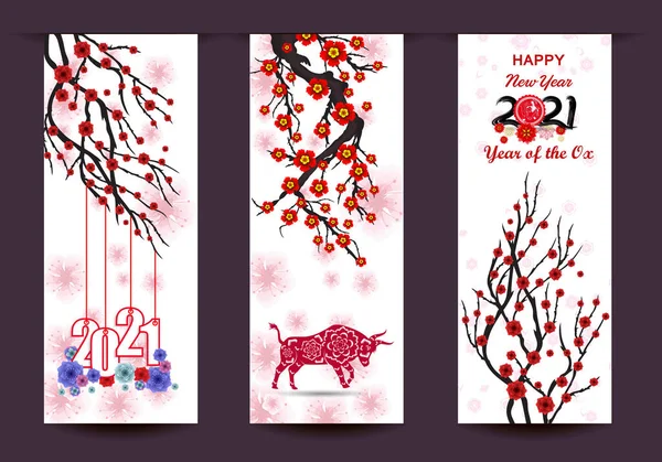 Ευτυχισμένο Κινέζικο Νέο Έτος 2021 Έτος Του Λουλουδιού Βόδι Και — Διανυσματικό Αρχείο