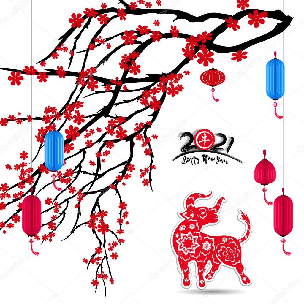 Happy chinese new year 2021 year of the ox. flower and asian elements with craft style on background. 