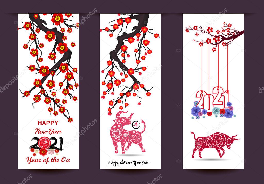 Happy chinese new year 2021 year of the ox flower and asian elements with craft style on background. 