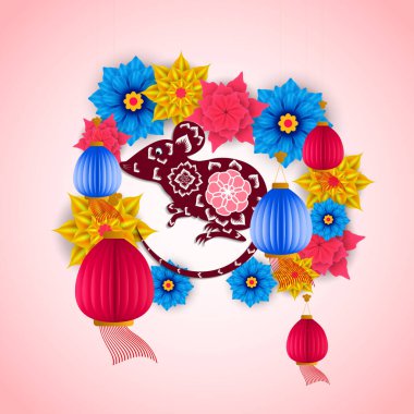 Mutlu Çin Yeni Yılı 2020 Fare yılının renkli çiçekleriyle. 