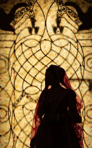 Hindistan 'da dekore edilmiş bir pencerenin önündeki bir kadının silueti.