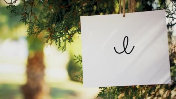 Fotos hängen im Garten und vermitteln eine romantische Botschaft — Stockvideo