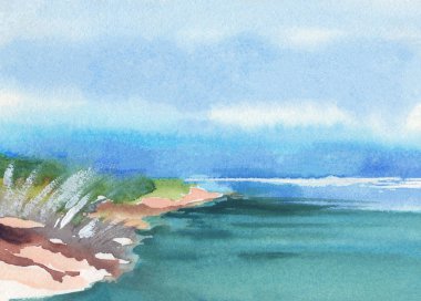 Sahilli ve beyaz dalgalı deniz manzaralı suluboya