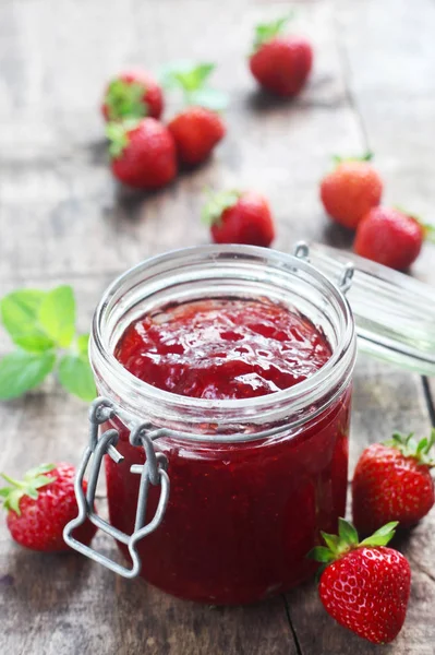 Jar Strawberry Jam Wooden Background — Stock Photo, Image