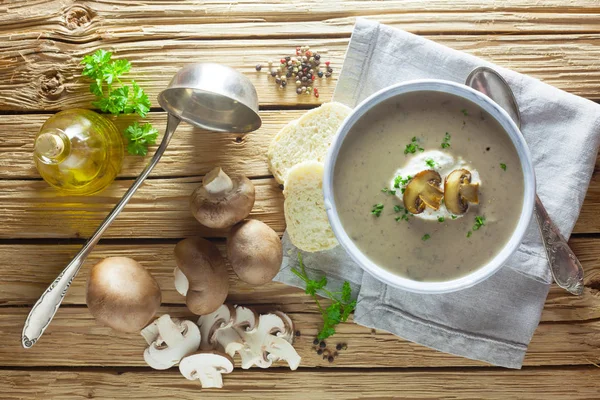 Zuppa Funghi Ingredienti Sfondo Legno — Foto Stock