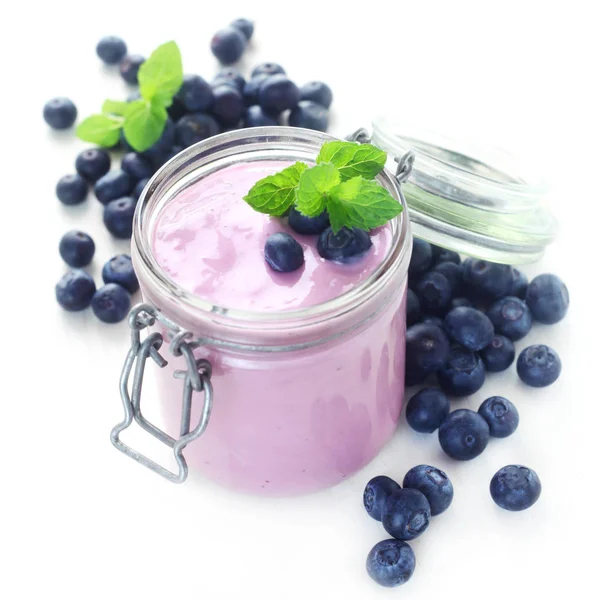 Fresh Blueberry Yogurt Glass Jar Isolated White 스톡 이미지
