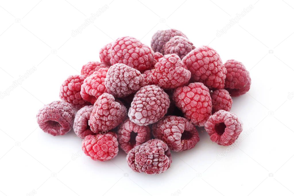 close-up shot of Frozen Raspberries Isolated On White