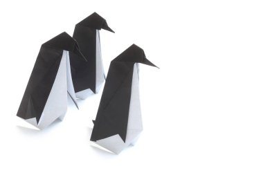 Origami Penguenleri 'nin yakın çekim görüntüsü beyaza izole edilmiş.