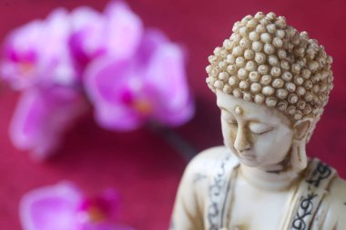 Arkaplanda Orkideleri Olan Buda Heykeli