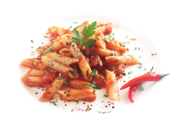 Pasta Tomato Sauce White Plate — Stock Photo, Image