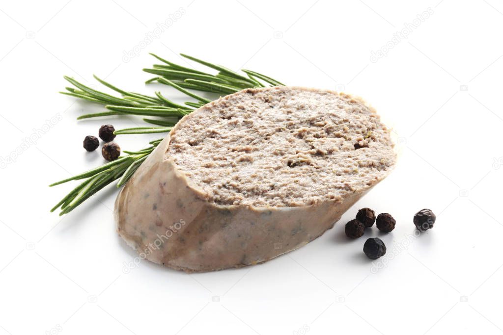 close-up shot of Liverwurst and herbs isolated on white