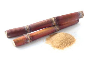 Şeker kamışı ve esmer şeker Beyaza izole edilmiş