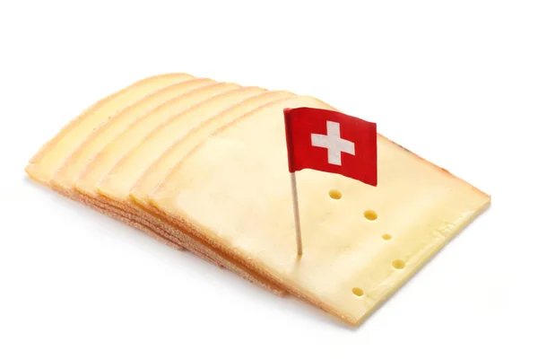 Appenzeller Queijo Fatias Com Bandeira Suíça Isolado Branco — Fotografia de Stock