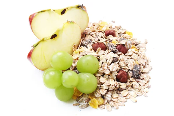 Muesli Con Manzana Uvas Aisladas Blanco —  Fotos de Stock