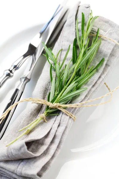 Place Setting Napkin Rosemary Twig — Stock Photo, Image