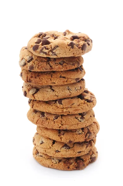 Biscuits Aux Pépites Chocolat Dans Une Pile Isolée Sur Blanc — Photo