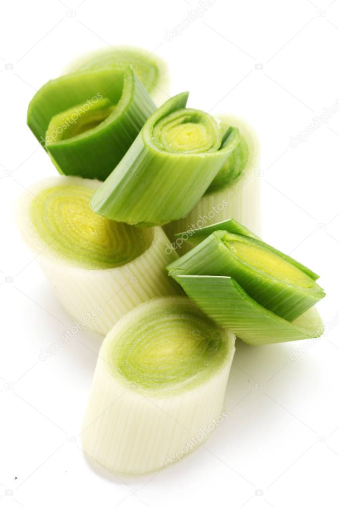 close-up shot of Raw Pieces Of Leek Isolated On White